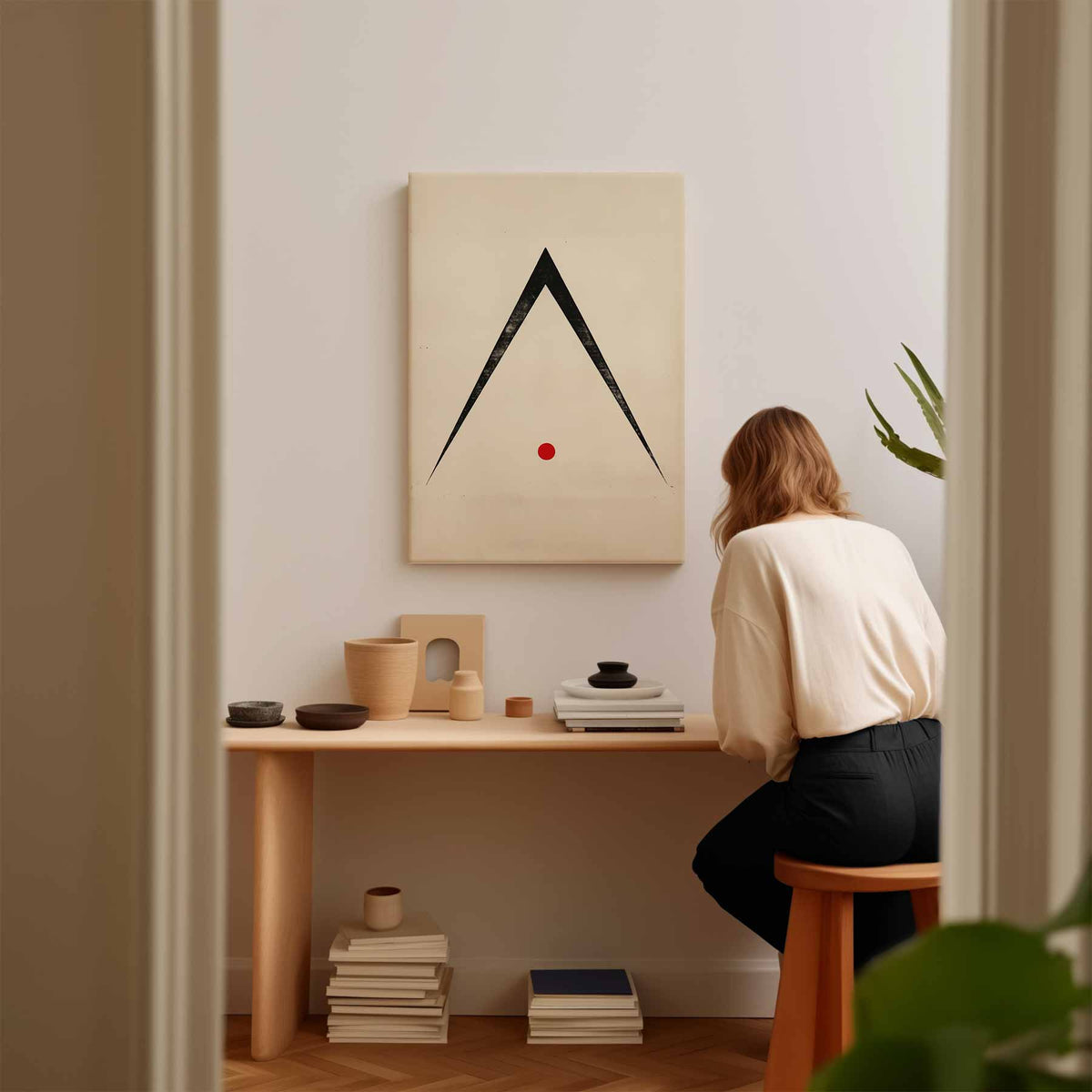 Minimalistisch Abstract Driehoek en Cirkel – staande wandkunst voor woonkamer of interieur