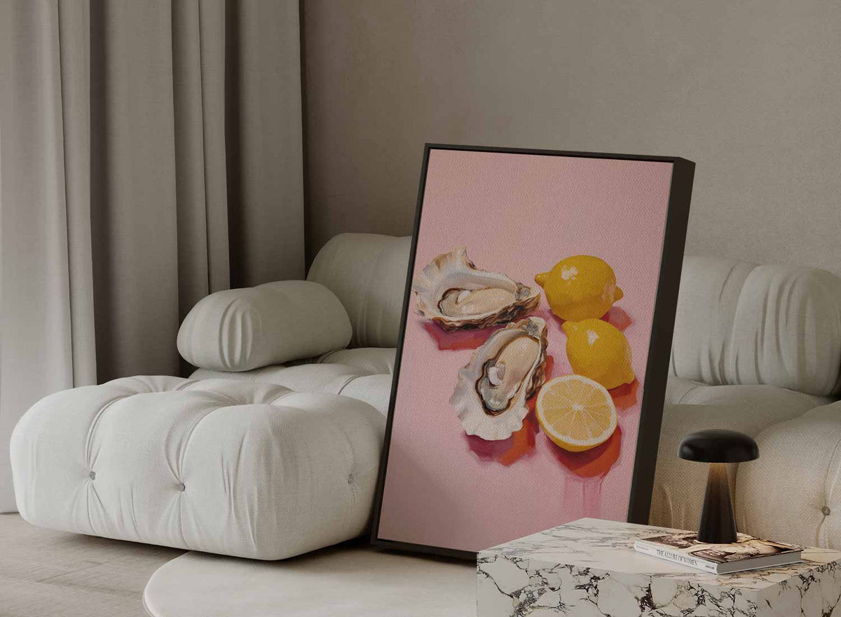 Verfrissende Oester en Citroen Compositie – dibond kunstwerk als wanddecoratie