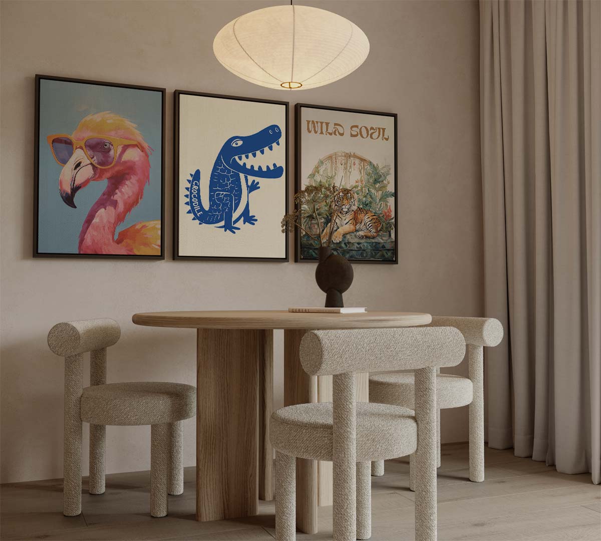 Wilde dieren: flamingo, krokodil en tijger met tekst 'WILD SOUL' – canvas drieluik in portret formaat