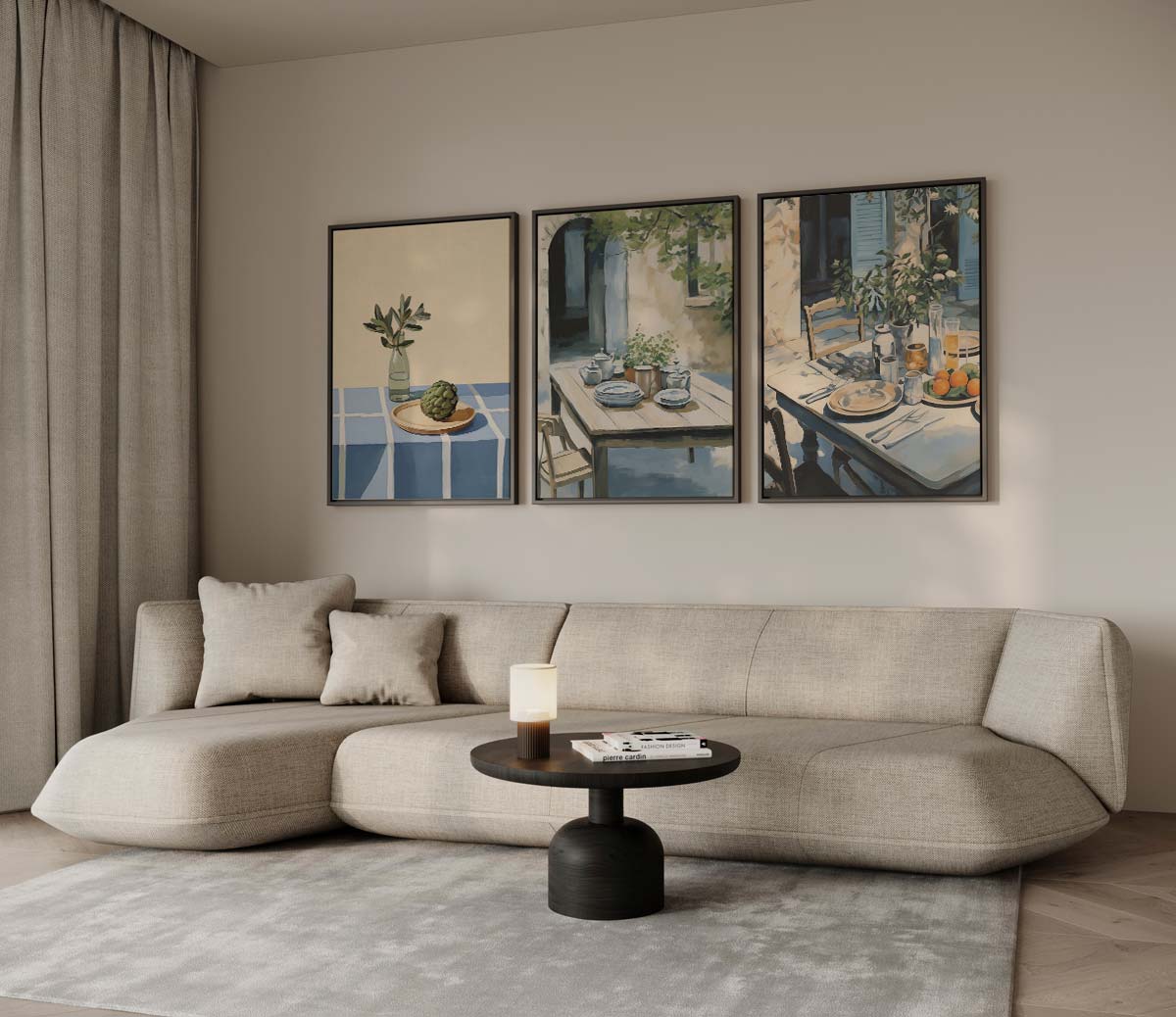 Artisjok en tuinservies in zuidelijke stijl – drieluik voor modern interieur