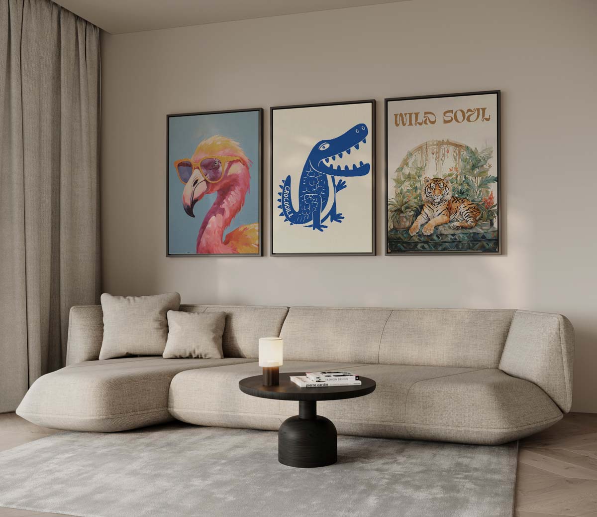 Wilde dieren: flamingo, krokodil en tijger met tekst 'WILD SOUL' – drieluik voor modern interieur