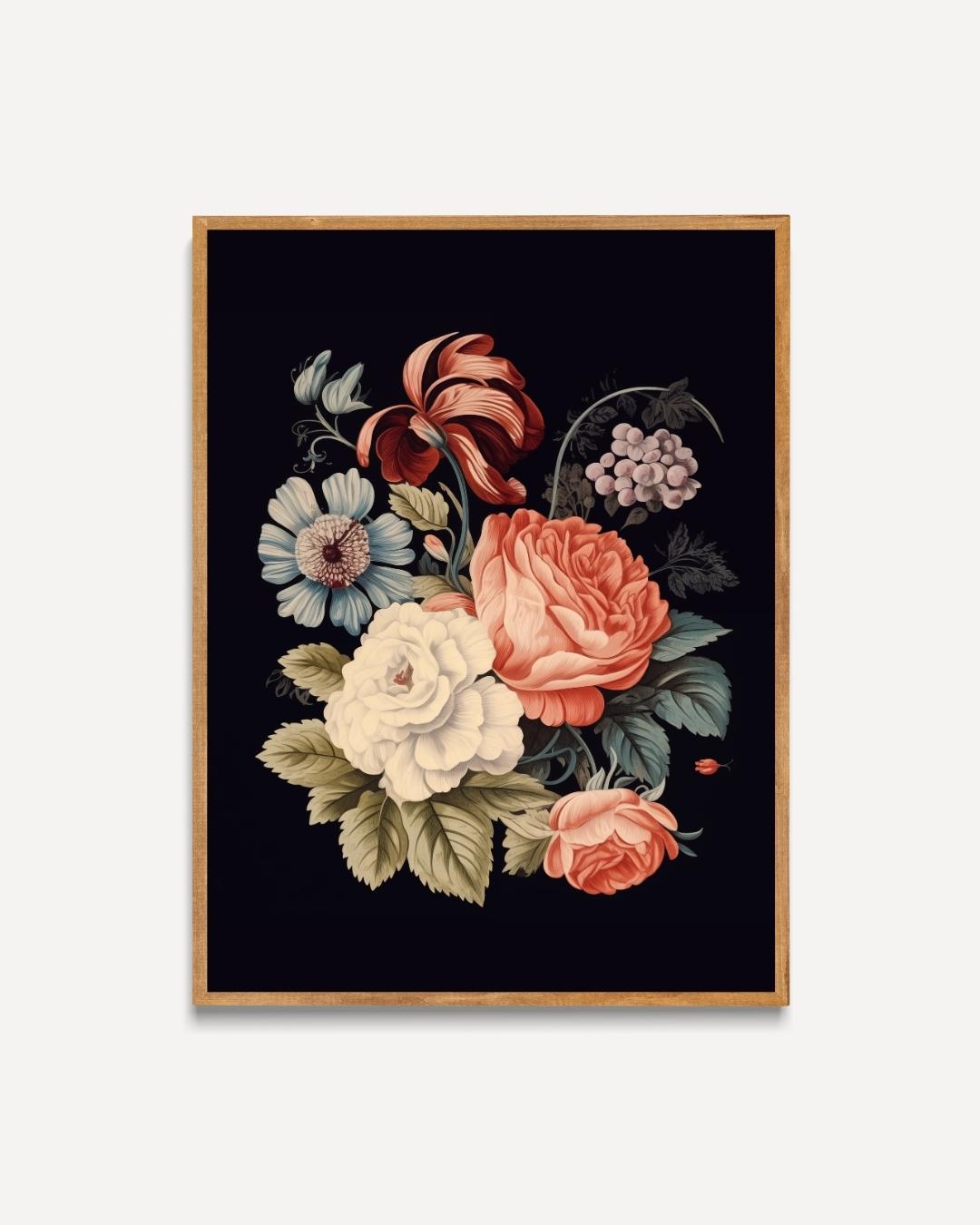 Bloemen op zwart Poster – portret poster als wanddecoratie