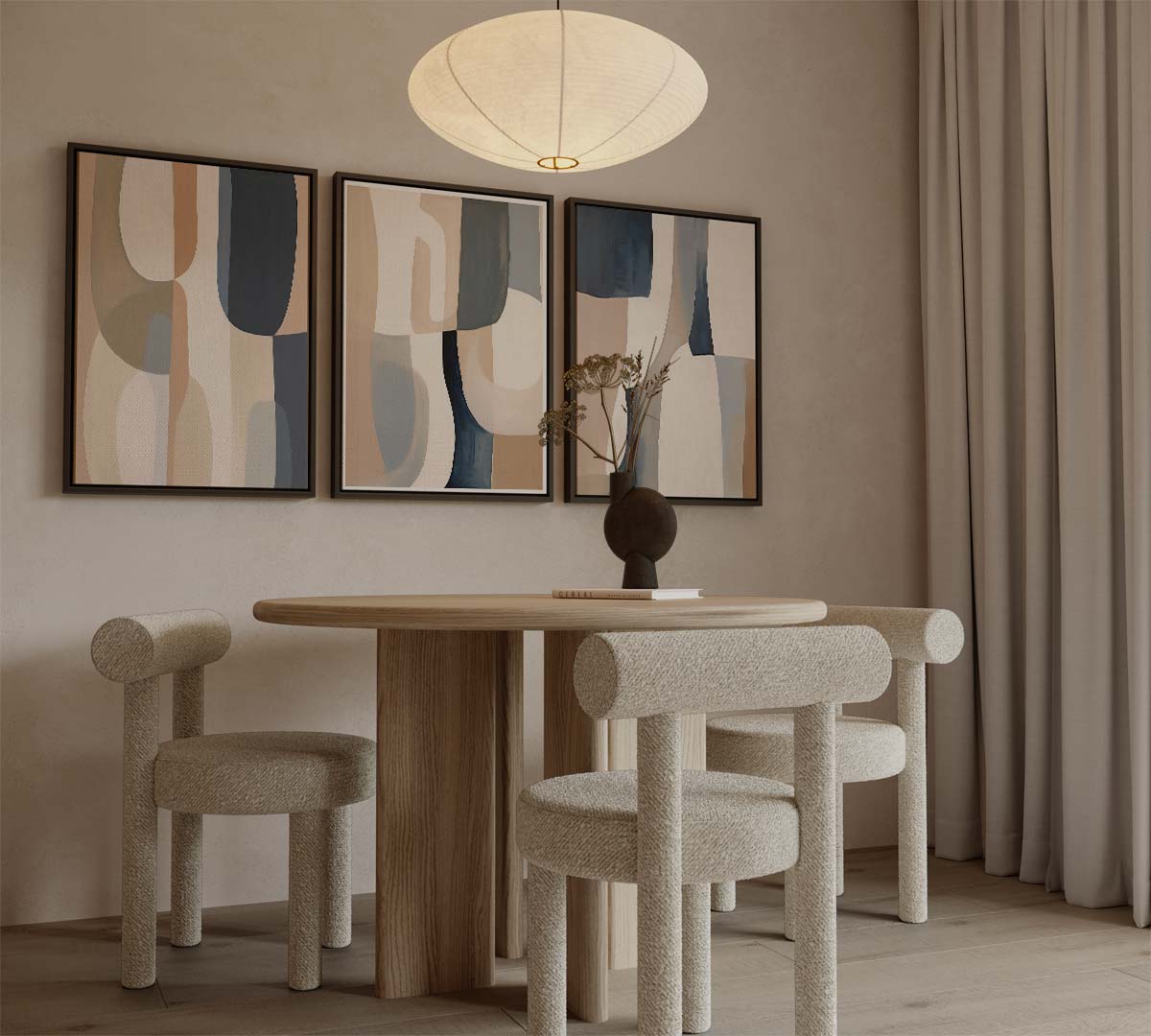 Diepe aardetinten en abstracte vormen – drieluik als wanddecoratie