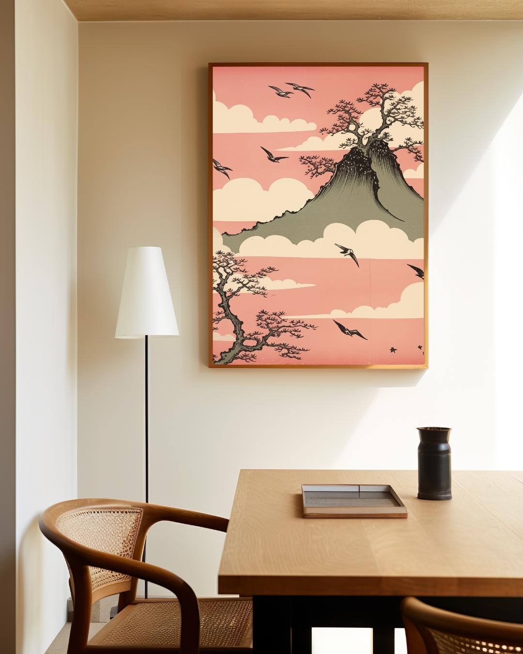 Japanse berg en vogels Poster – staande poster voor modern interieur