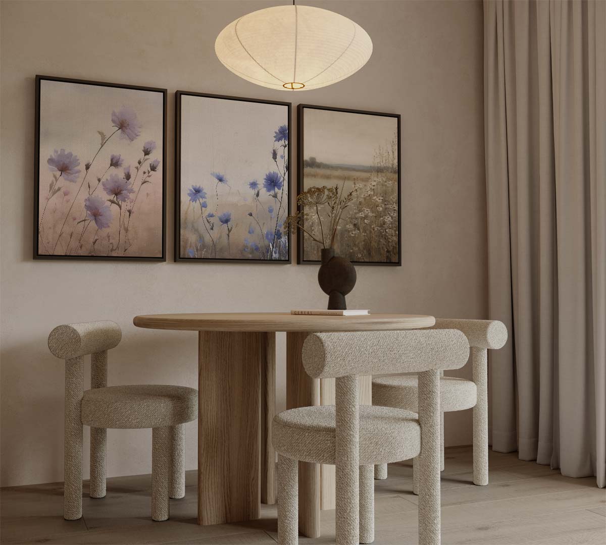Veld vol bloemen in blauw en beige – canvas drieluik in portret formaat