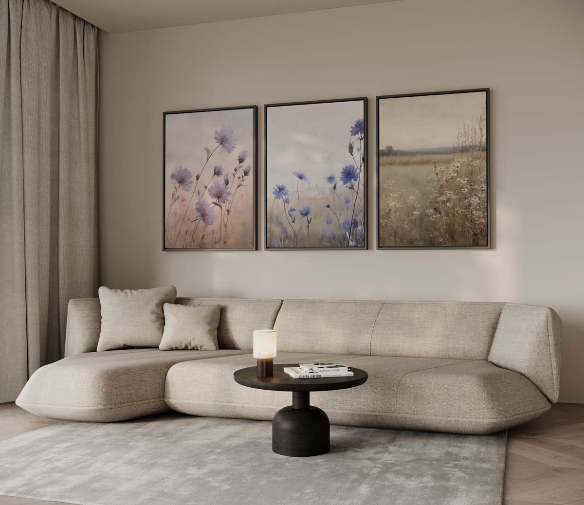 Veld vol bloemen in blauw en beige – drieluik voor modern interieur