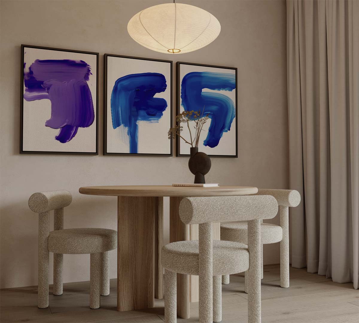 Abstracte penseelstreken in blauw en paars – canvas drieluik in portret formaat