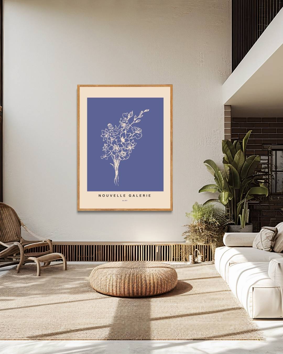 Witte bloemen op blauwe achtergrond Poster – staande poster voor modern interieur