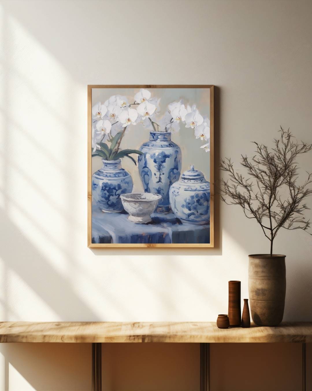 Blauwe vazen en orchideeën Poster – staande poster voor modern interieur