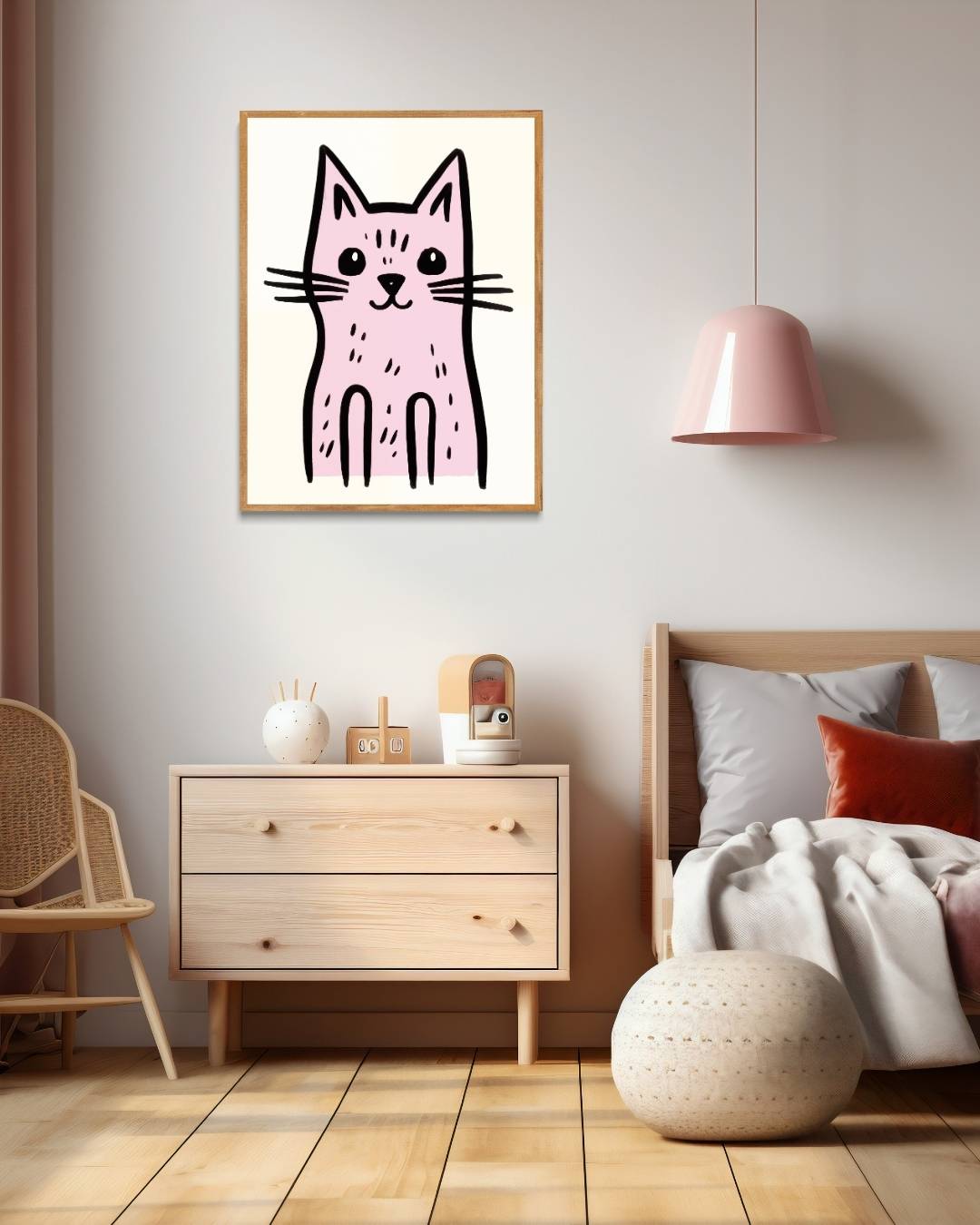 Minimalistische roze kat Poster – staande poster voor modern interieur