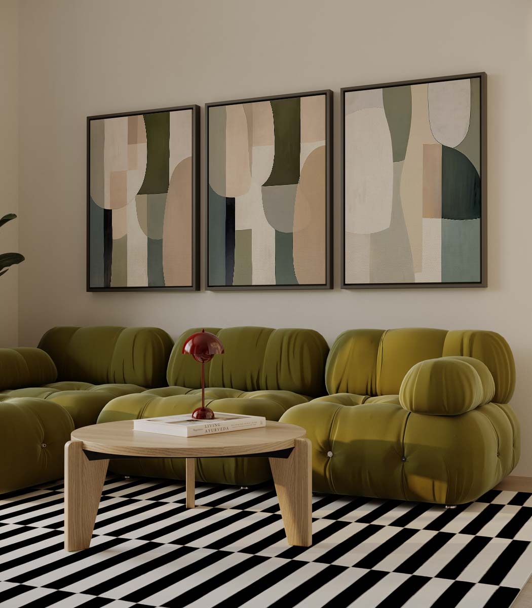 Abstracte vormen in natuurlijke tinten – drieluik voor modern interieur