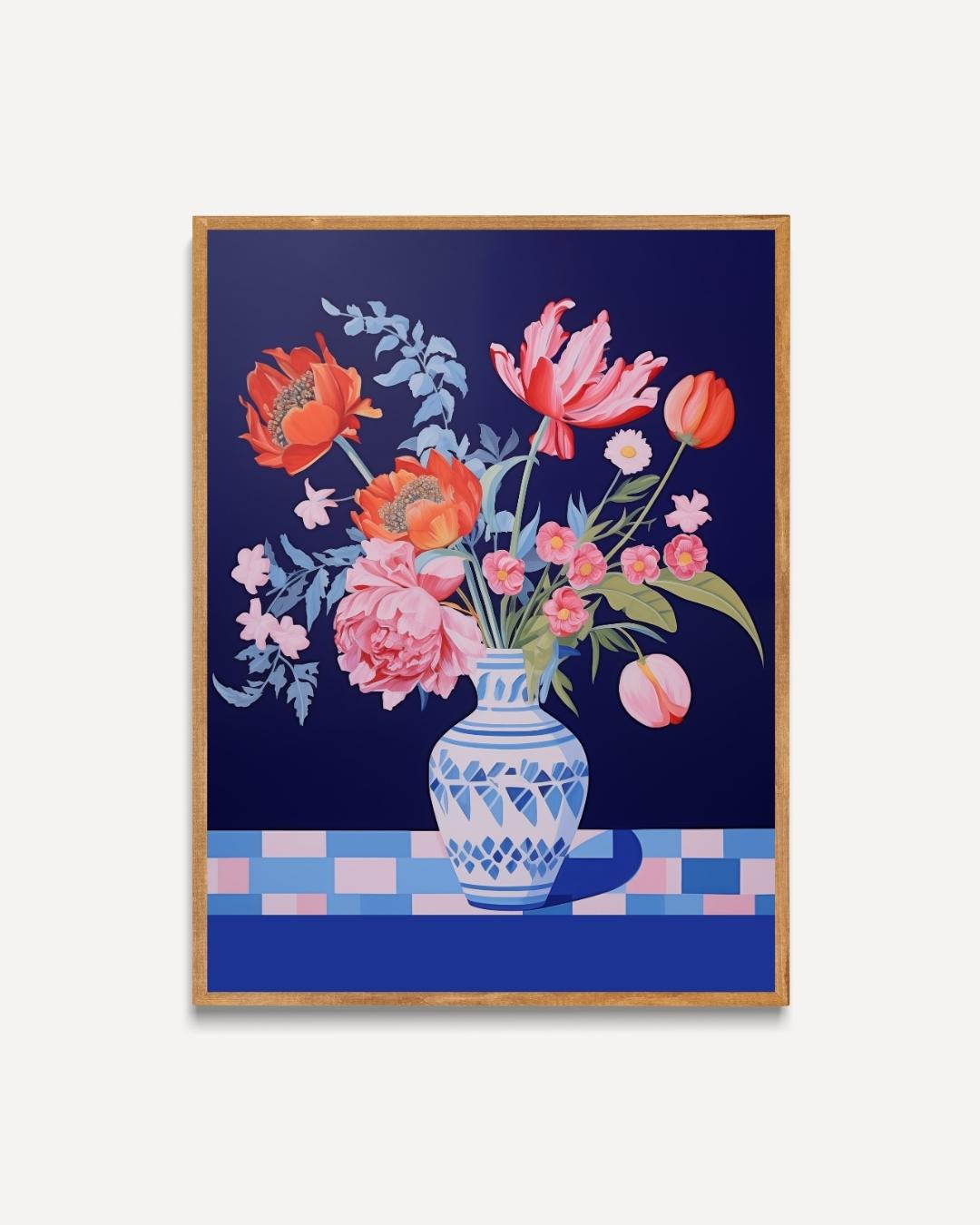 Bloemenpracht in Blauw Poster – portret poster als wanddecoratie