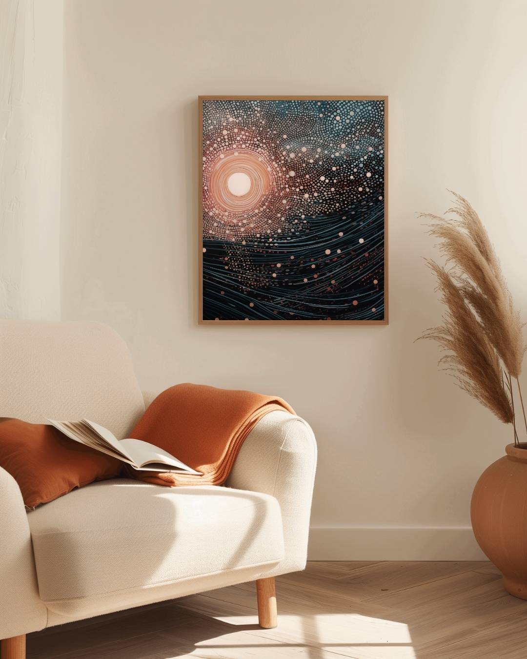 Abstracte zonsondergang en golven Poster – staande poster voor modern interieur