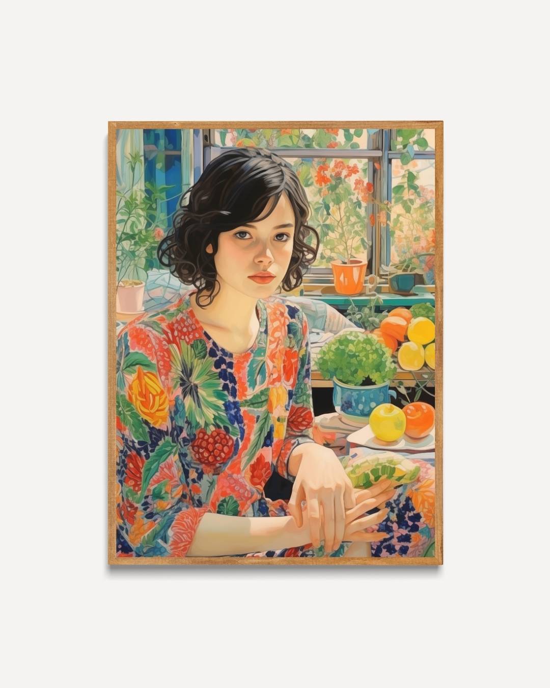 Vrouw in kleurrijke omgeving Poster – portret poster als wanddecoratie