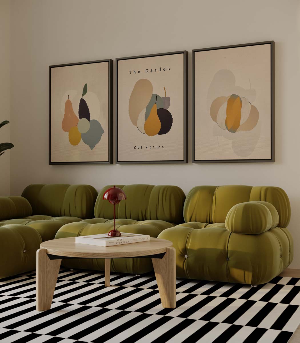 Fruitige modernistische collage – drieluik als wanddecoratie