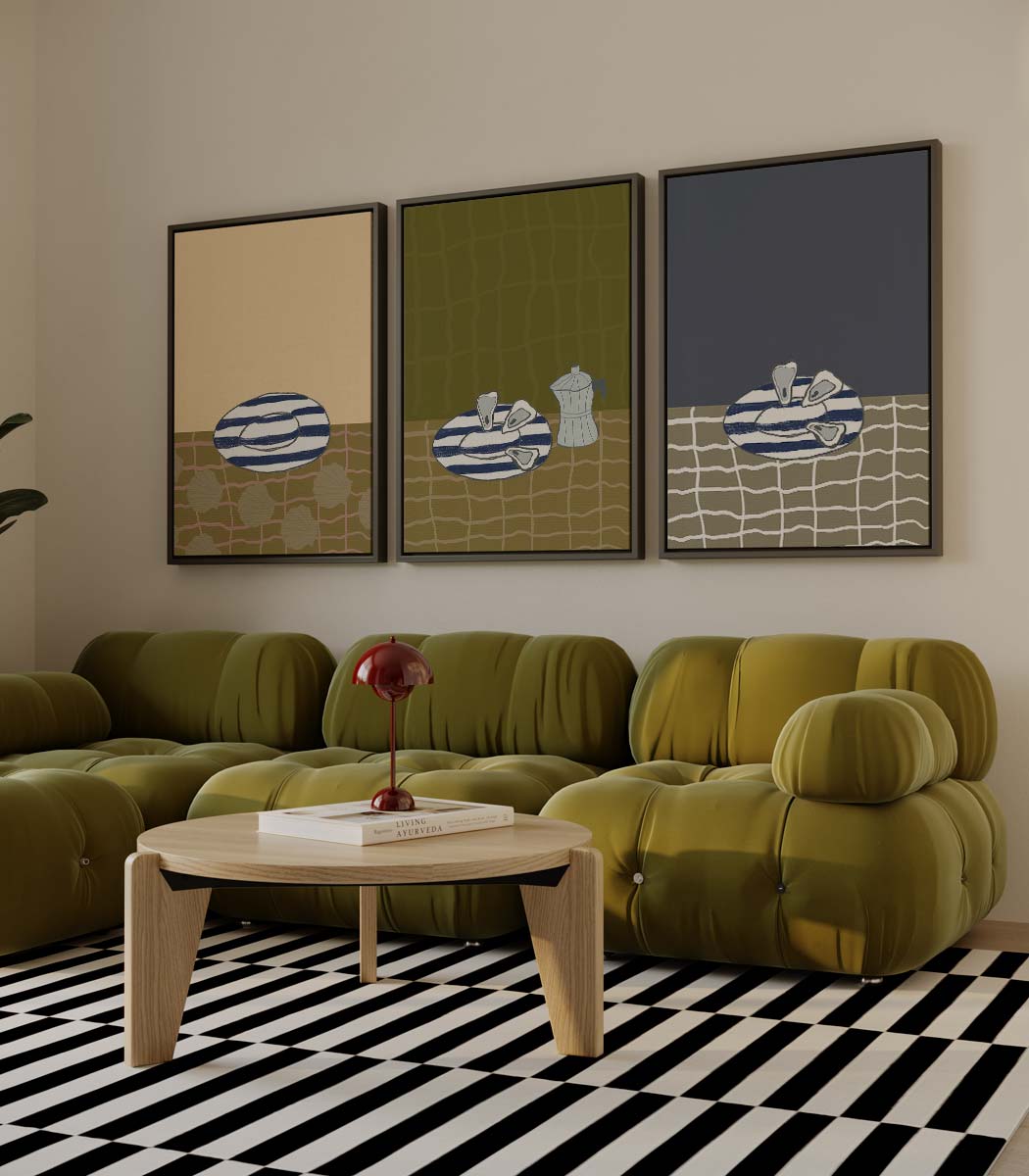 Mediterrane tafelsetting in kleurvlakken – drieluik als wanddecoratie