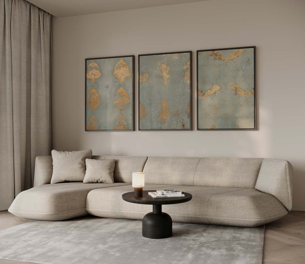Goudpatina op turquoise – drieluik voor modern interieur