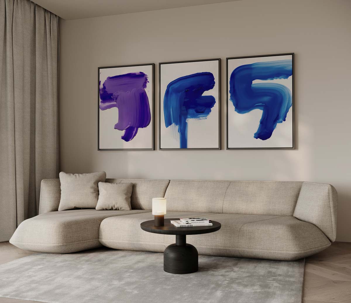 Abstracte penseelstreken in blauw en paars – drieluik voor modern interieur