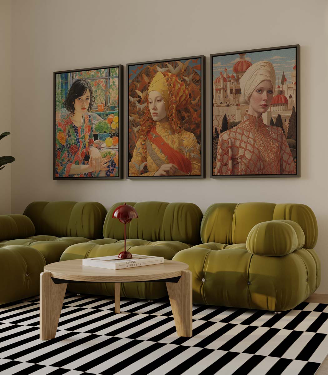 Damesportretten in stijl – drieluik als wanddecoratie