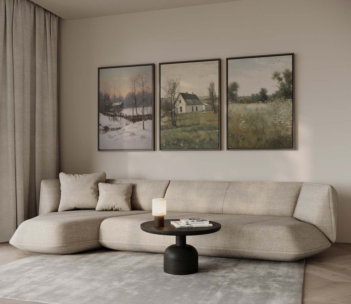 Rustiek landschap in drie seizoenen – drieluik voor modern interieur