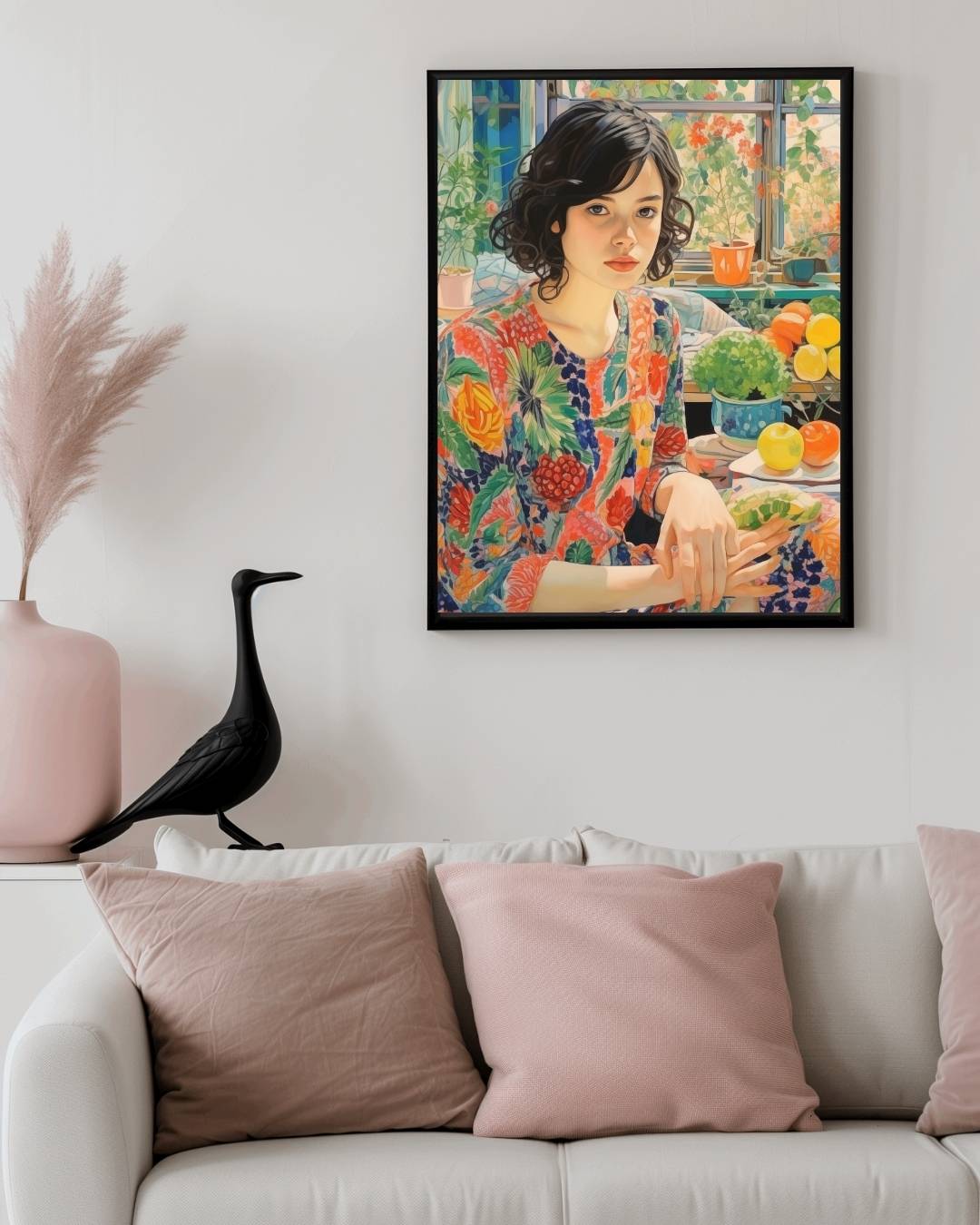Vrouw in kleurrijke omgeving Poster – staande poster voor modern interieur