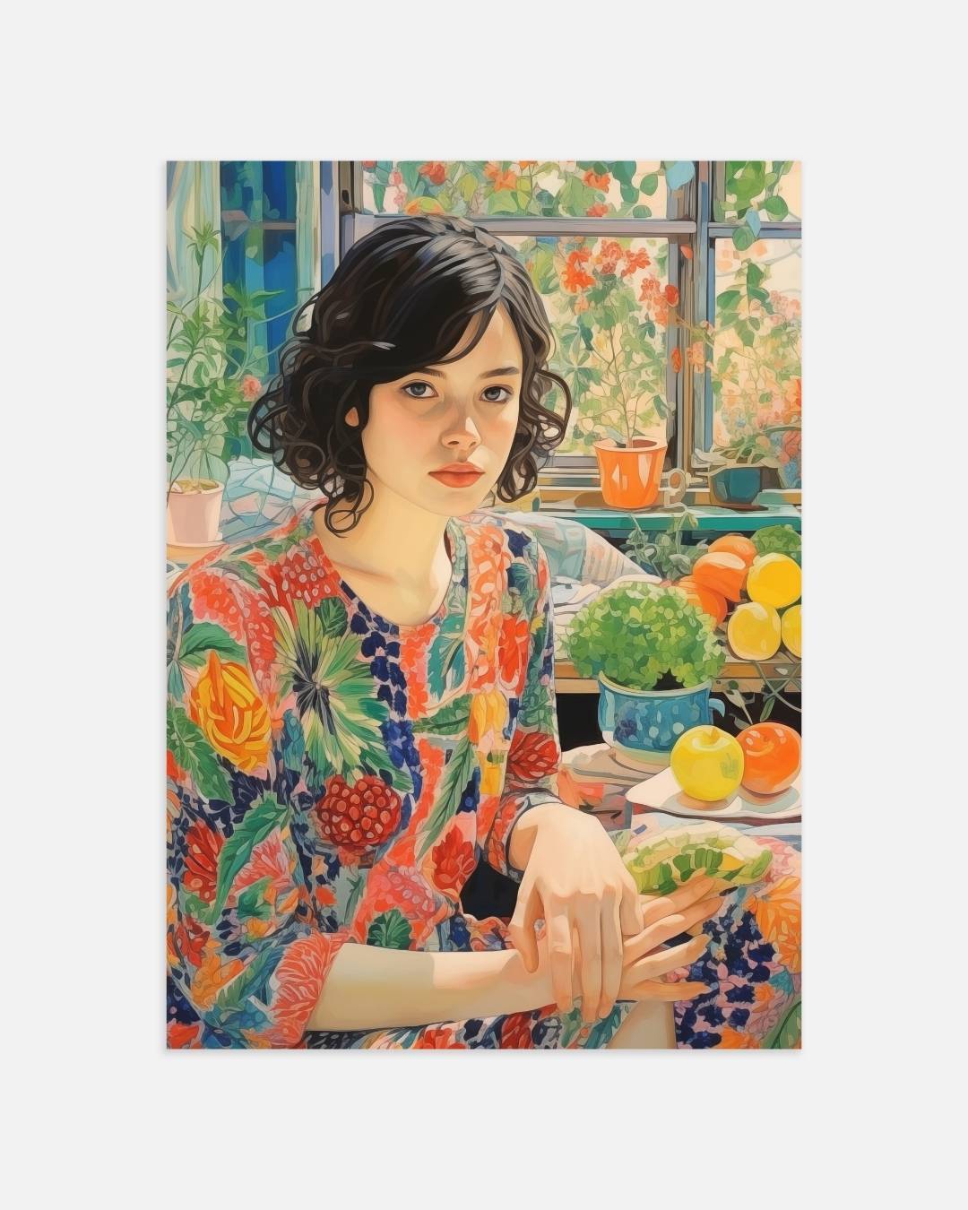 Vrouw in kleurrijke omgeving Poster – portret wanddecoratie van WallArtistic