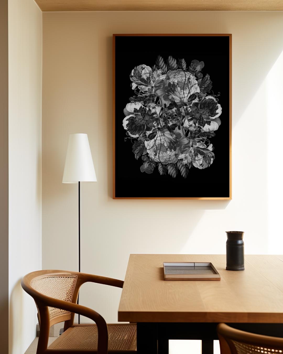 Bloemen en schedels in zwart-wit Poster – staande poster voor modern interieur