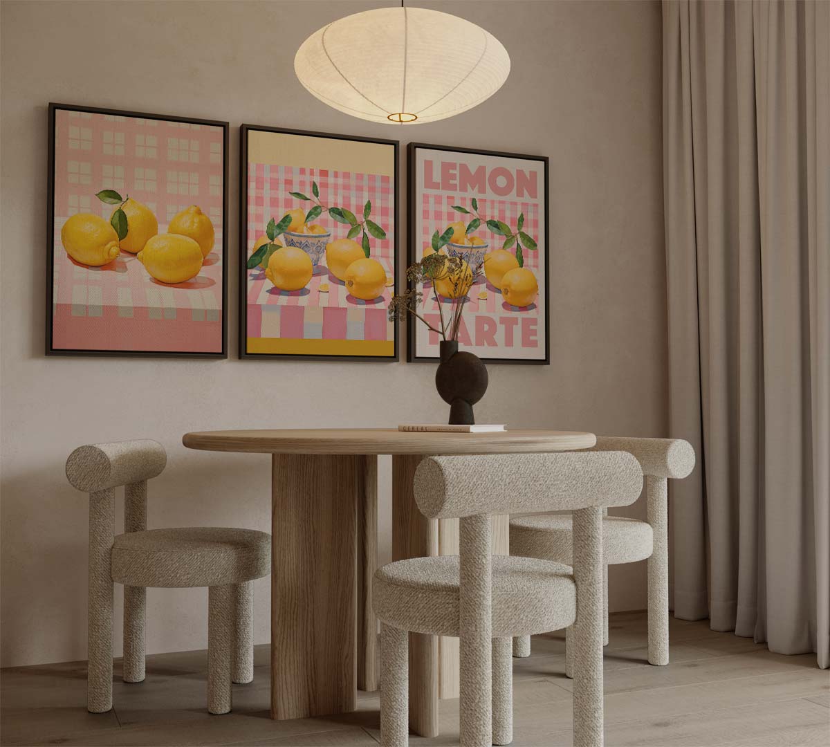 Citroenen op geruite achtergrond met tekst 'LEMON TARTE' – canvas drieluik in portret formaat