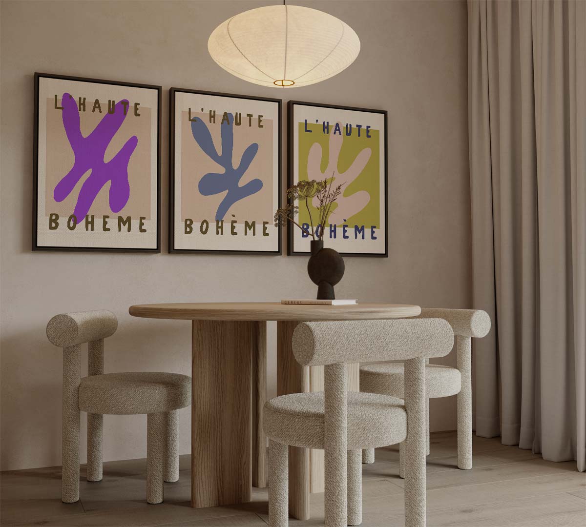 Abstracte collage in bohemienstijl – canvas drieluik in portret formaat