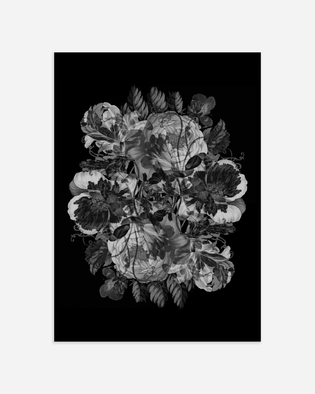 Bloemen en schedels in zwart-wit Poster – portret wanddecoratie van WallArtistic