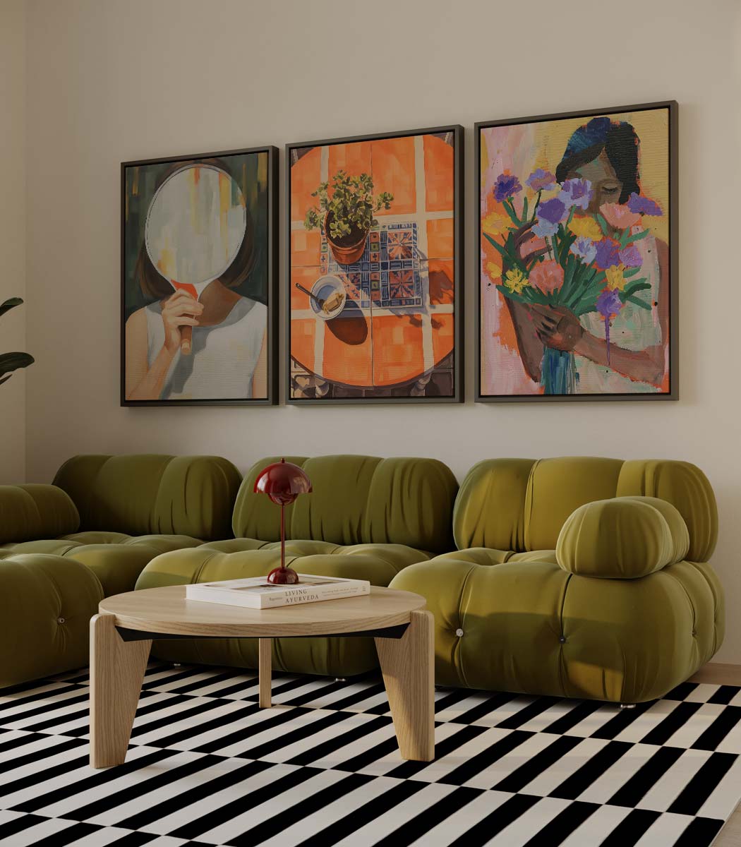 Kunstzinnige scènes in warme tinten – drieluik als wanddecoratie