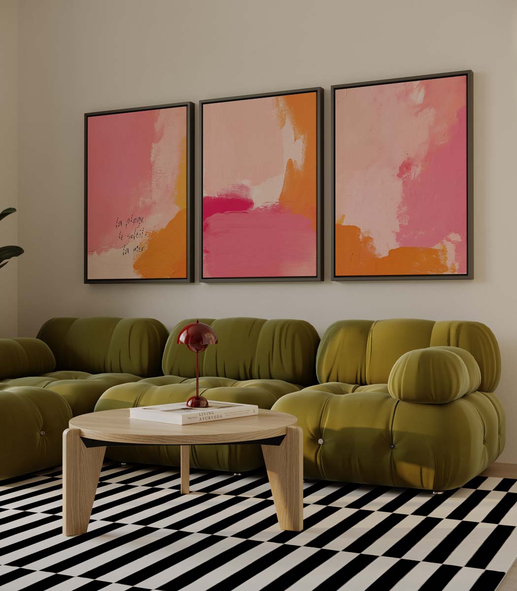 Abstracte zonsondergang in roze-oranje – drieluik voor modern interieur