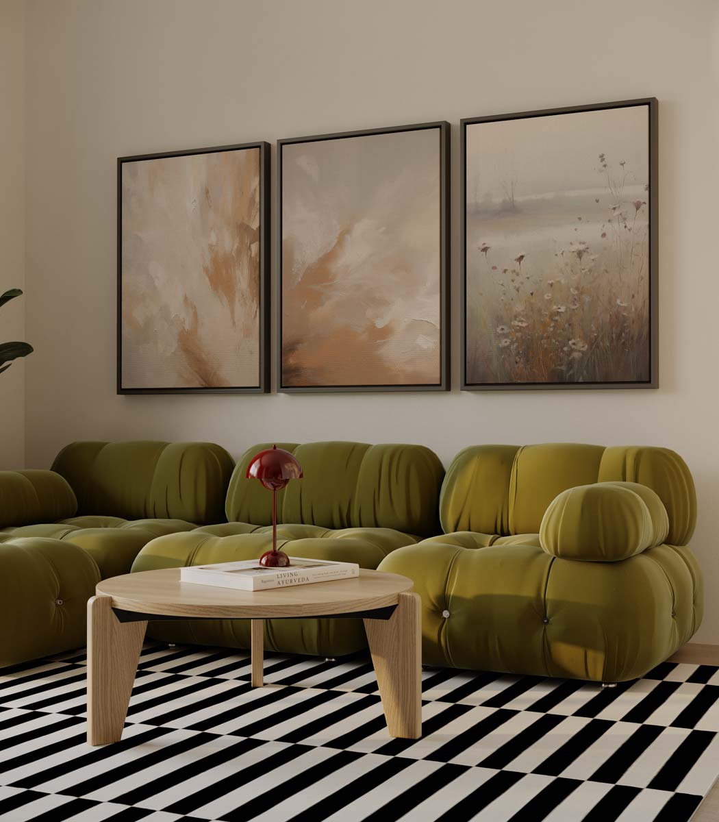 Abstracte gloed bij zonsondergang – drieluik als wanddecoratie