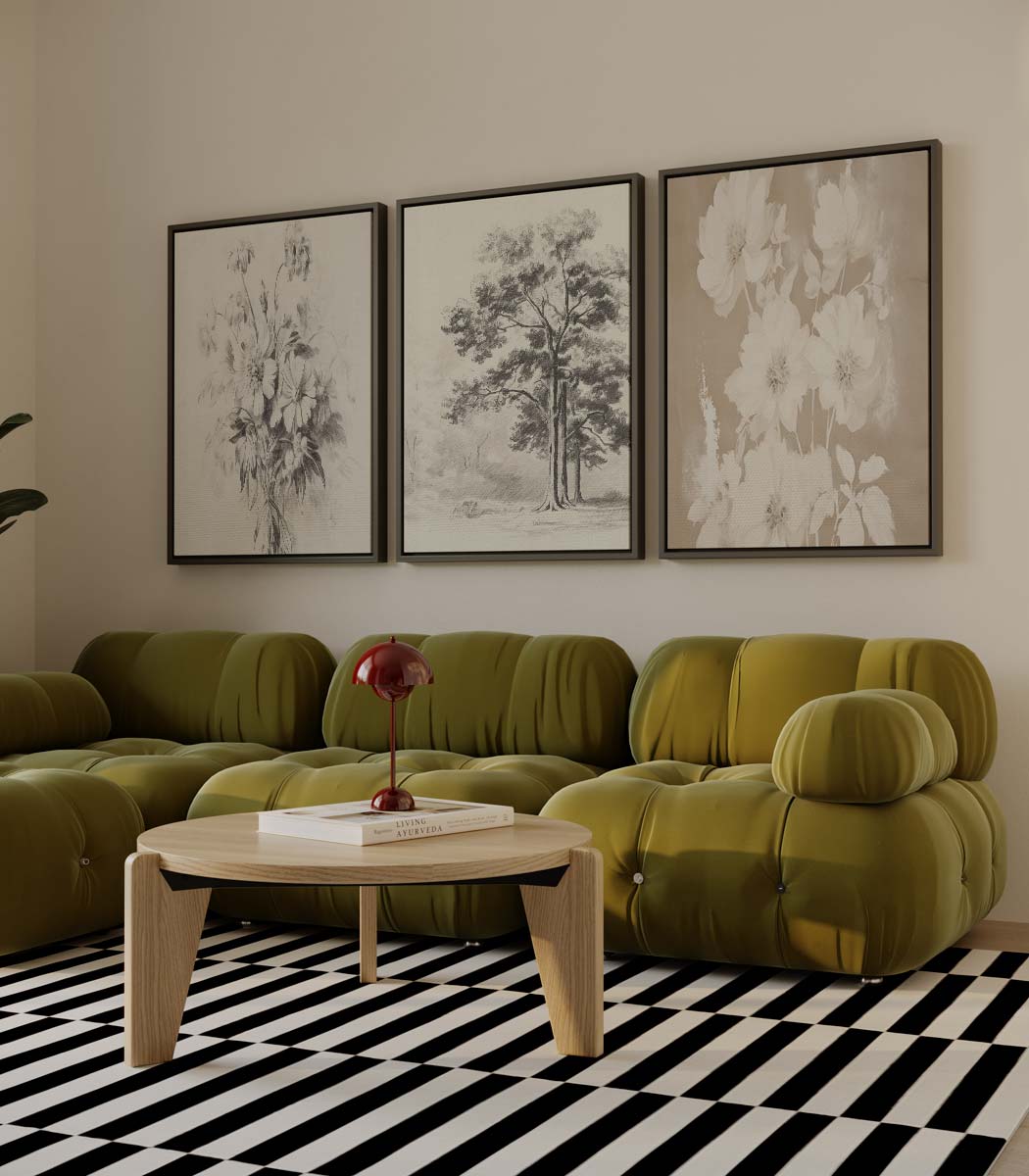 Neutrale natuurstudies – drieluik als wanddecoratie
