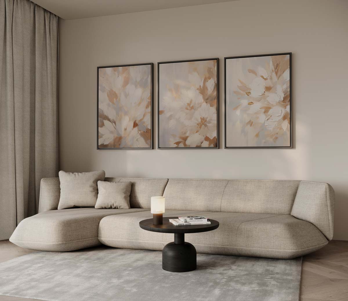 Abstracte bloemen in zachte tonen – drieluik voor modern interieur