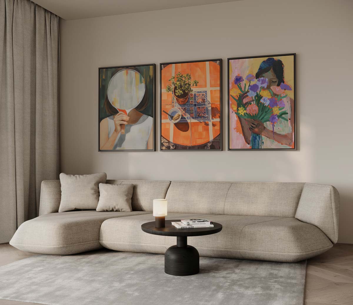 Kunstzinnige scènes in warme tinten – drieluik voor modern interieur