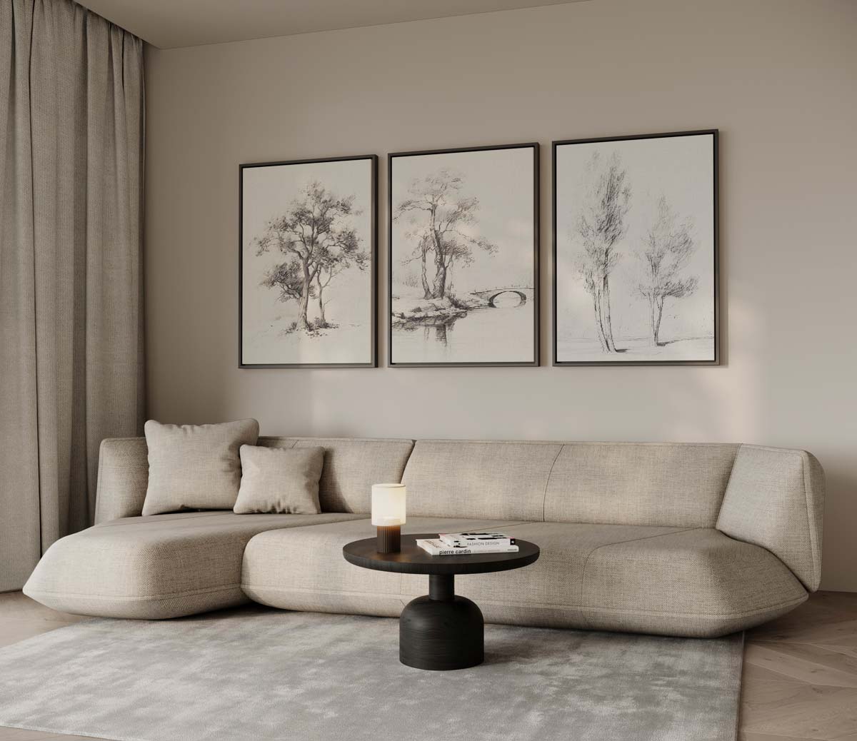 Getekende bomen en brug – drieluik voor modern interieur