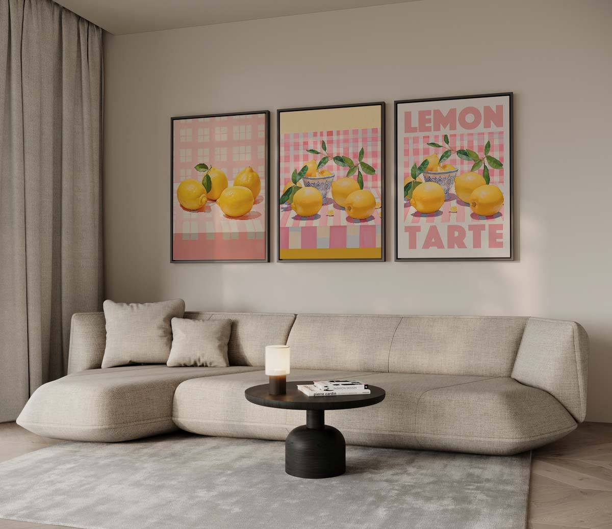 Citroenen op geruite achtergrond met tekst 'LEMON TARTE' – drieluik voor modern interieur