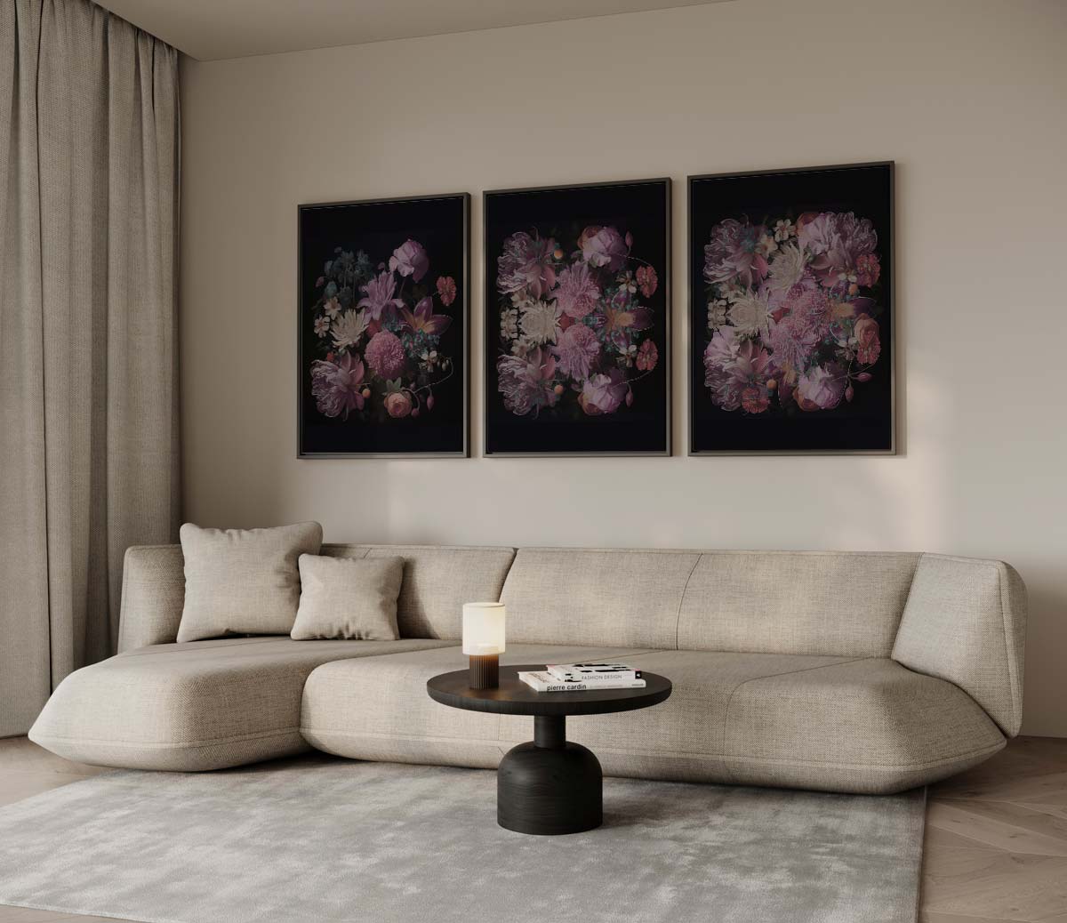 Donkere bloemensymmetrie – drieluik voor modern interieur