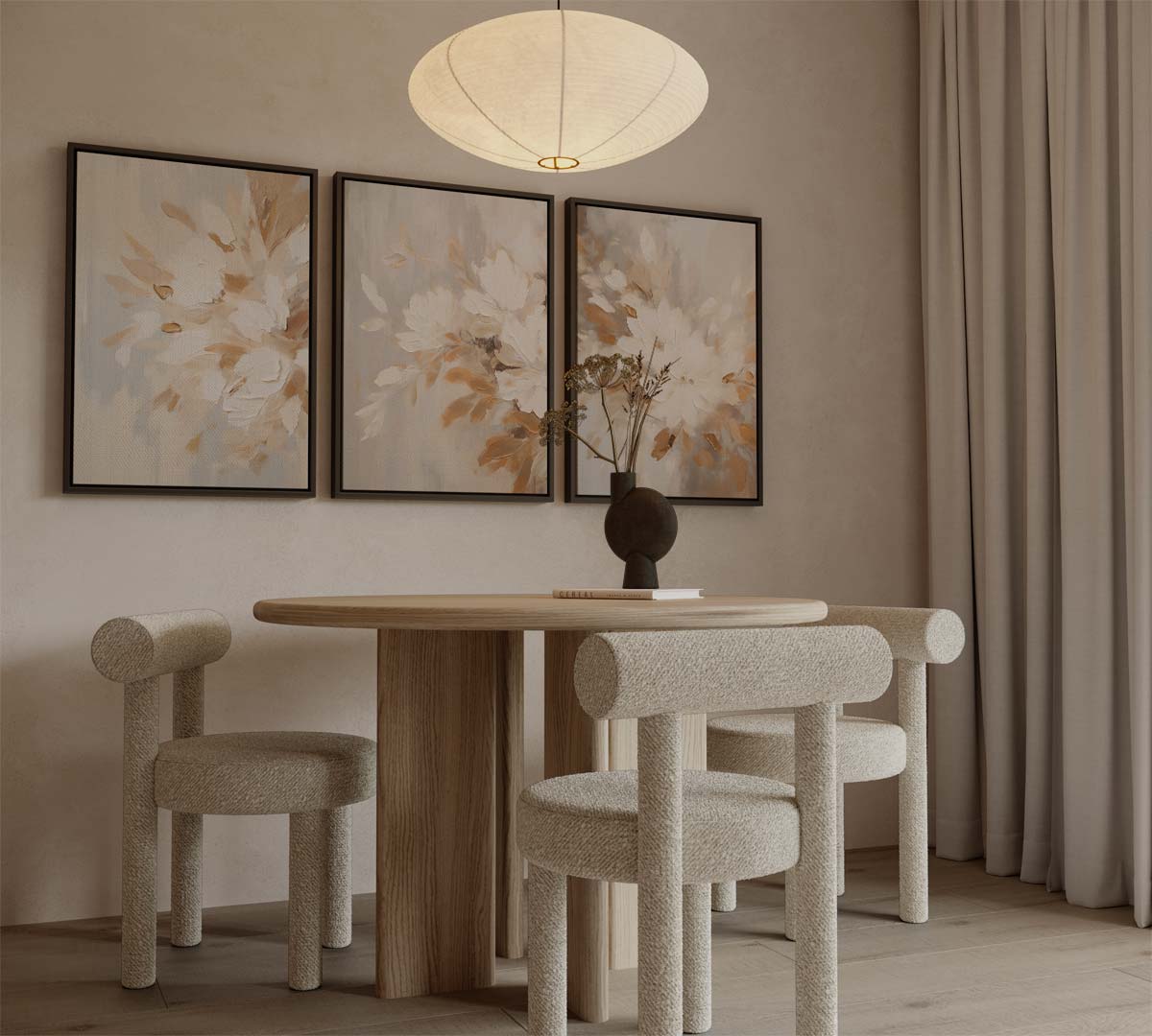 Warme bloembloei – drieluik voor modern interieur