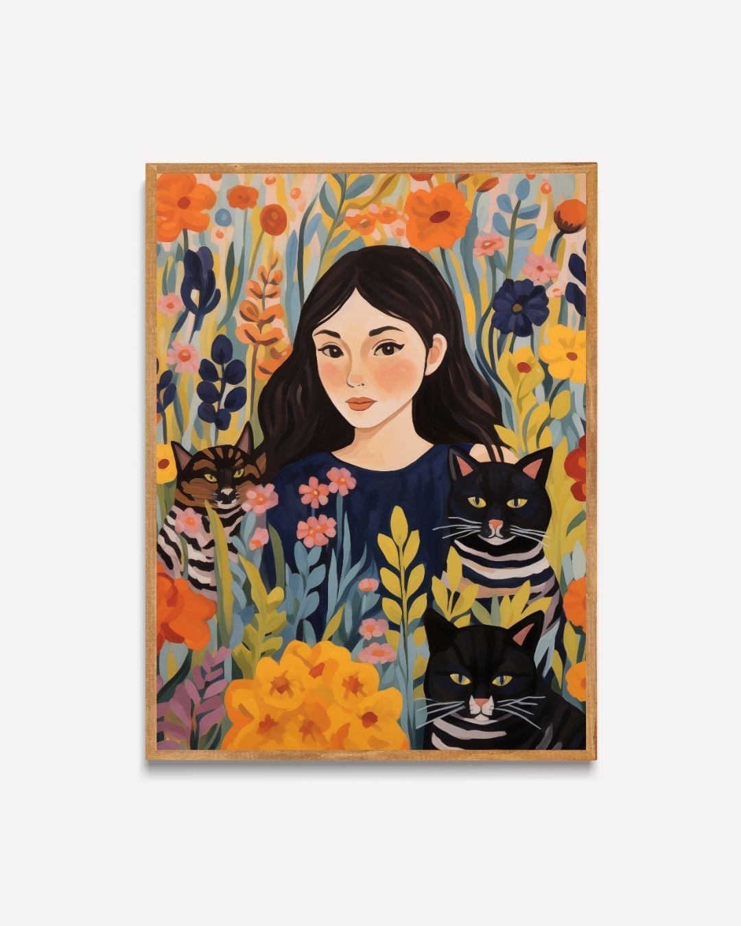 Meisje en katten in bloemenveld Poster – portret poster als wanddecoratie