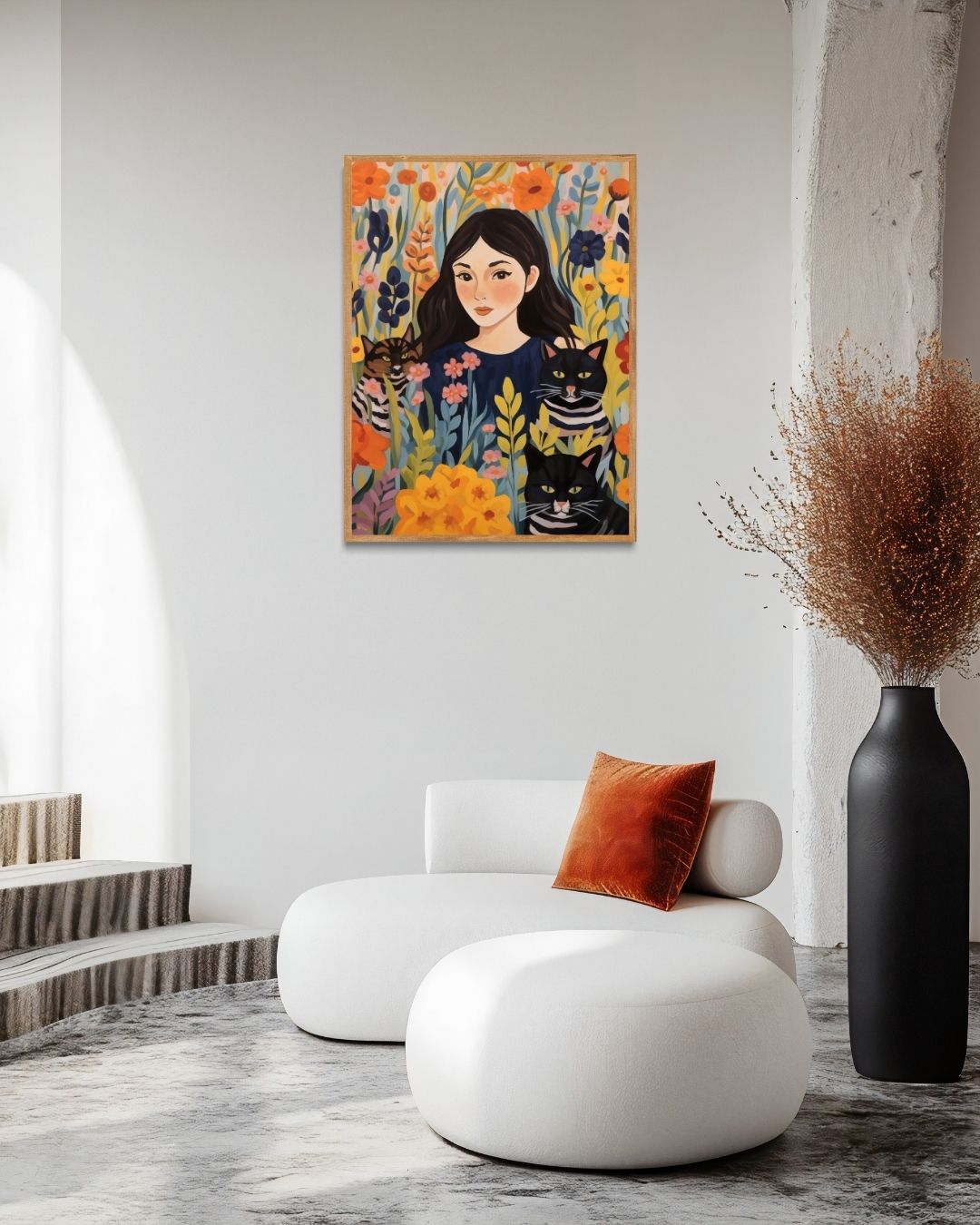 Meisje en katten in bloemenveld Poster – staande poster voor modern interieur