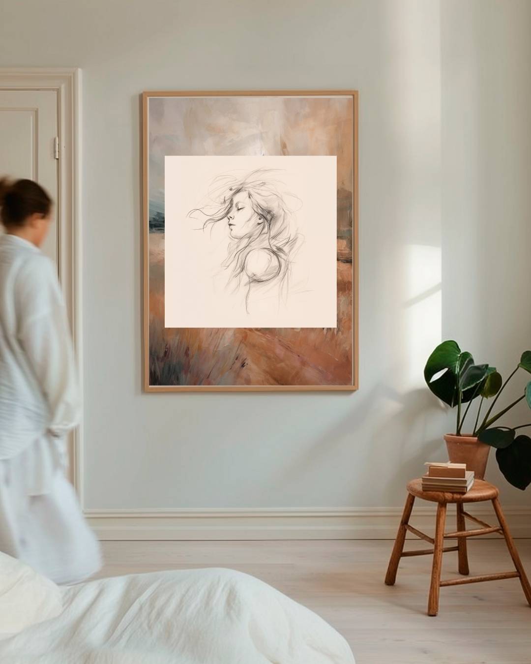 Vrouwelijke schets met landschap Poster – staande poster voor modern interieur