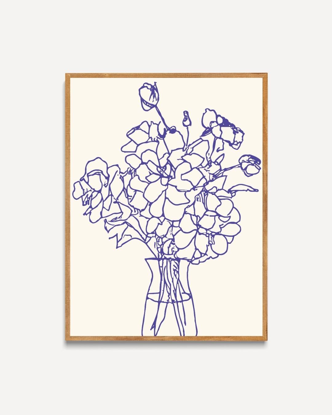 Minimalist blue floral line art Poster – portret poster als wanddecoratie