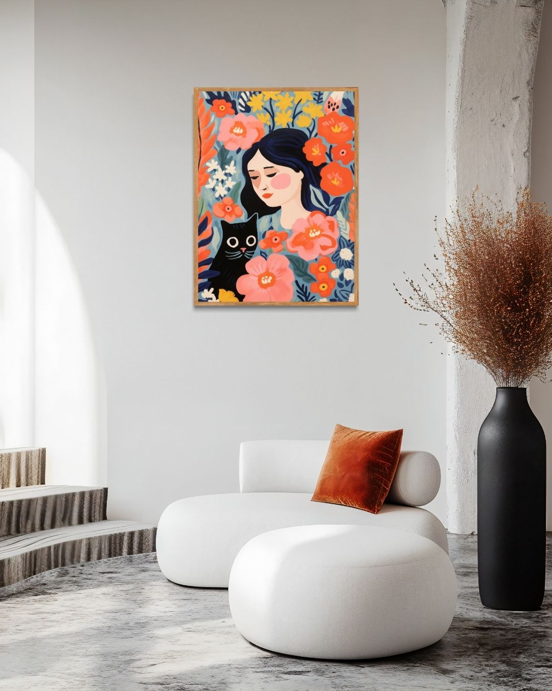 Meisje en kat in bloemen Poster – staande poster voor modern interieur