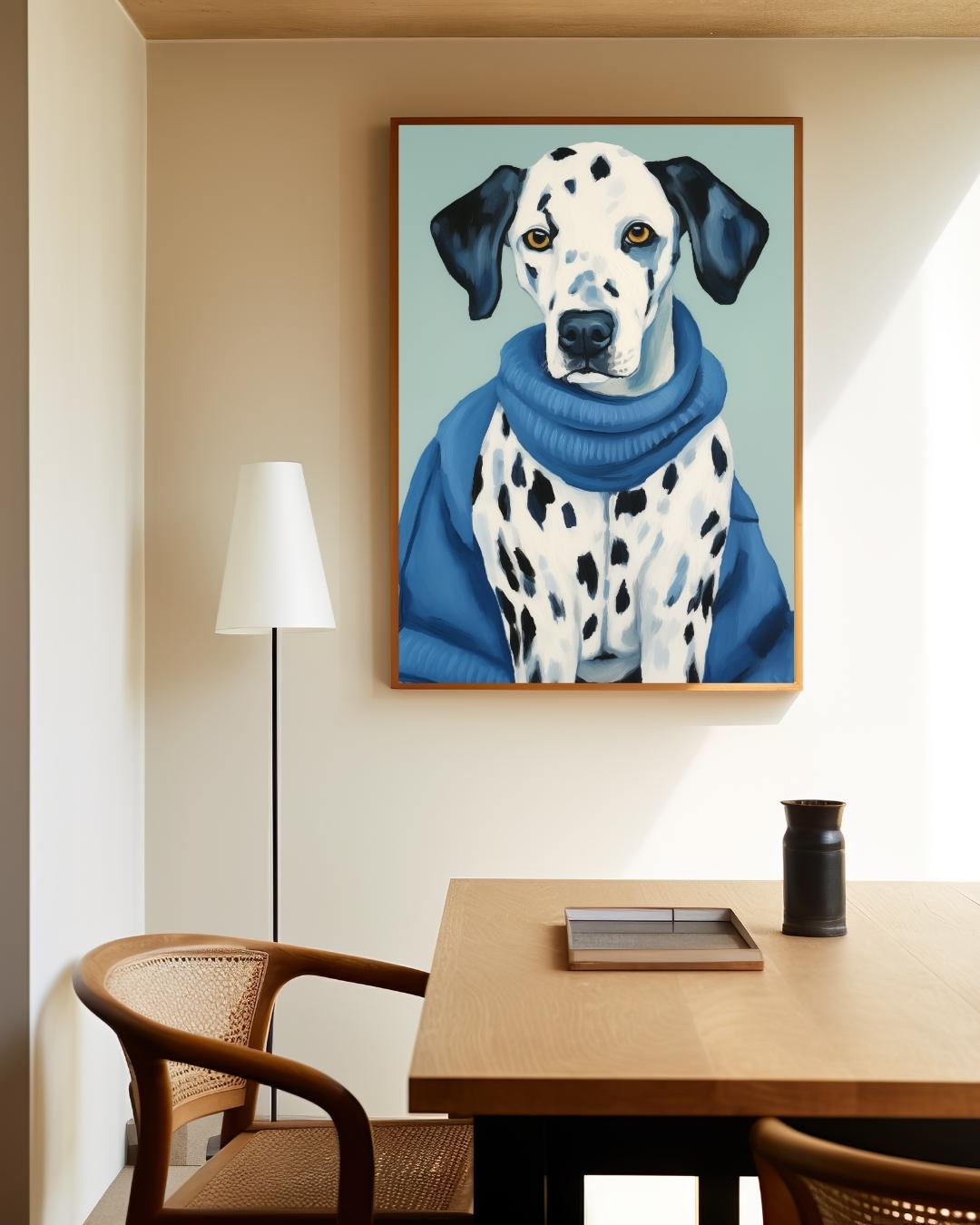 Dalmatier in blauwe trui Poster – staande poster voor modern interieur