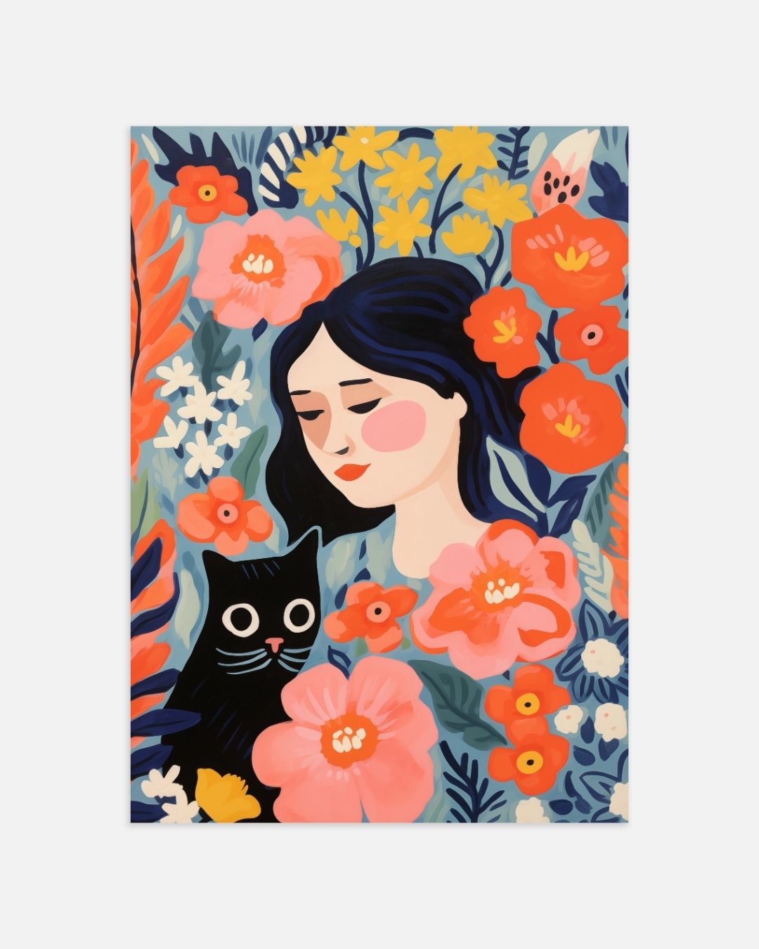 Meisje en kat in bloemen Poster – portret wanddecoratie van WallArtistic