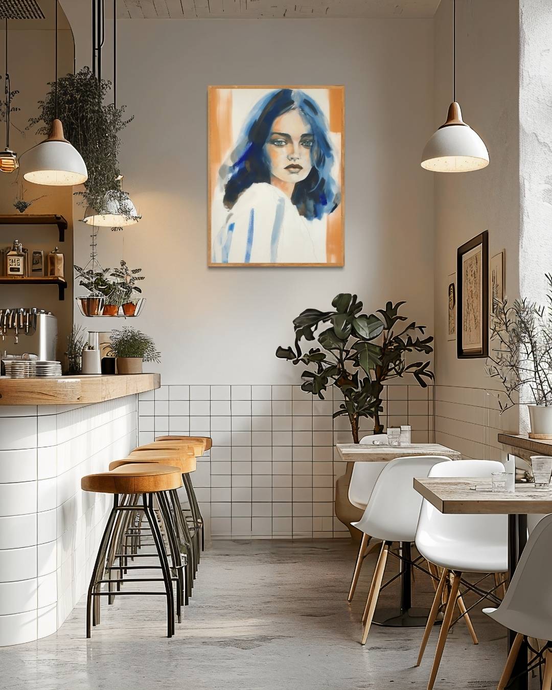 Portret van vrouw in blauw Poster – staande poster voor modern interieur