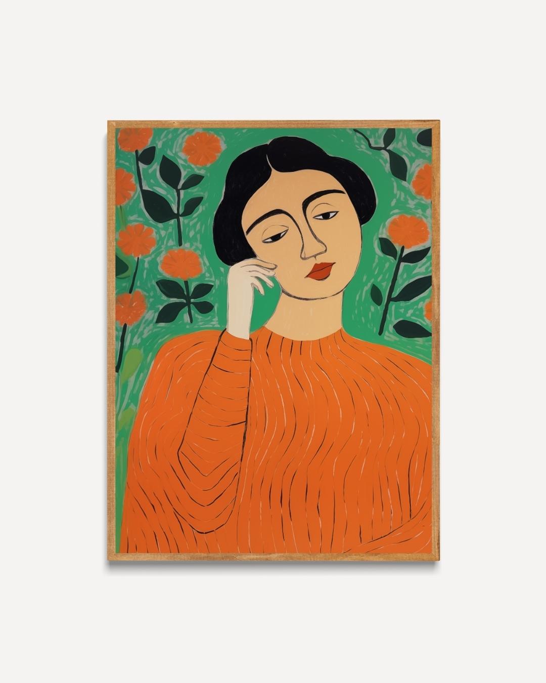 Vrouw met oranje trui en bloemenachtergrond Poster – portret poster als wanddecoratie