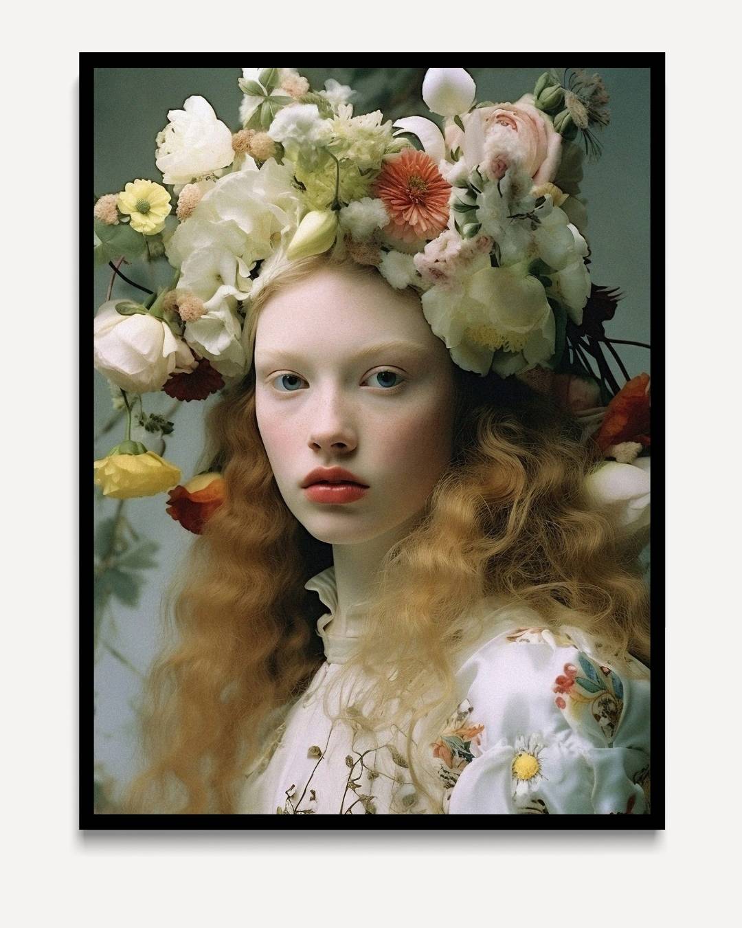 Portret met bloemenkroon II – portret kunstwerk als wanddecoratie